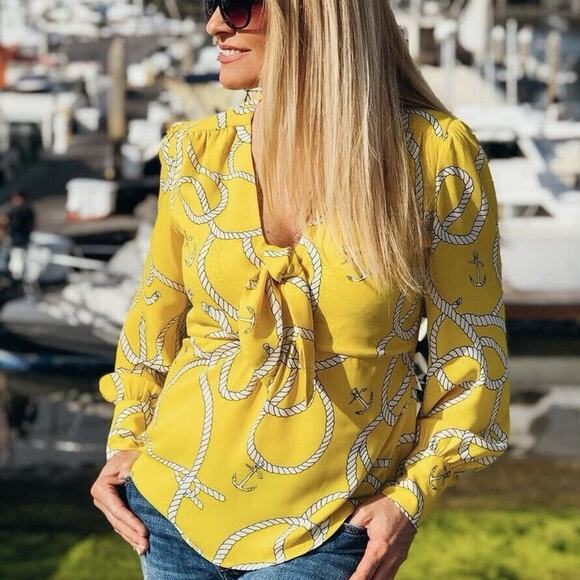 CAbi Reef Knot Blouse Top Size Small Style 5707 Long Sleeve Yellow Nautical NWT - Picture 1 of 11